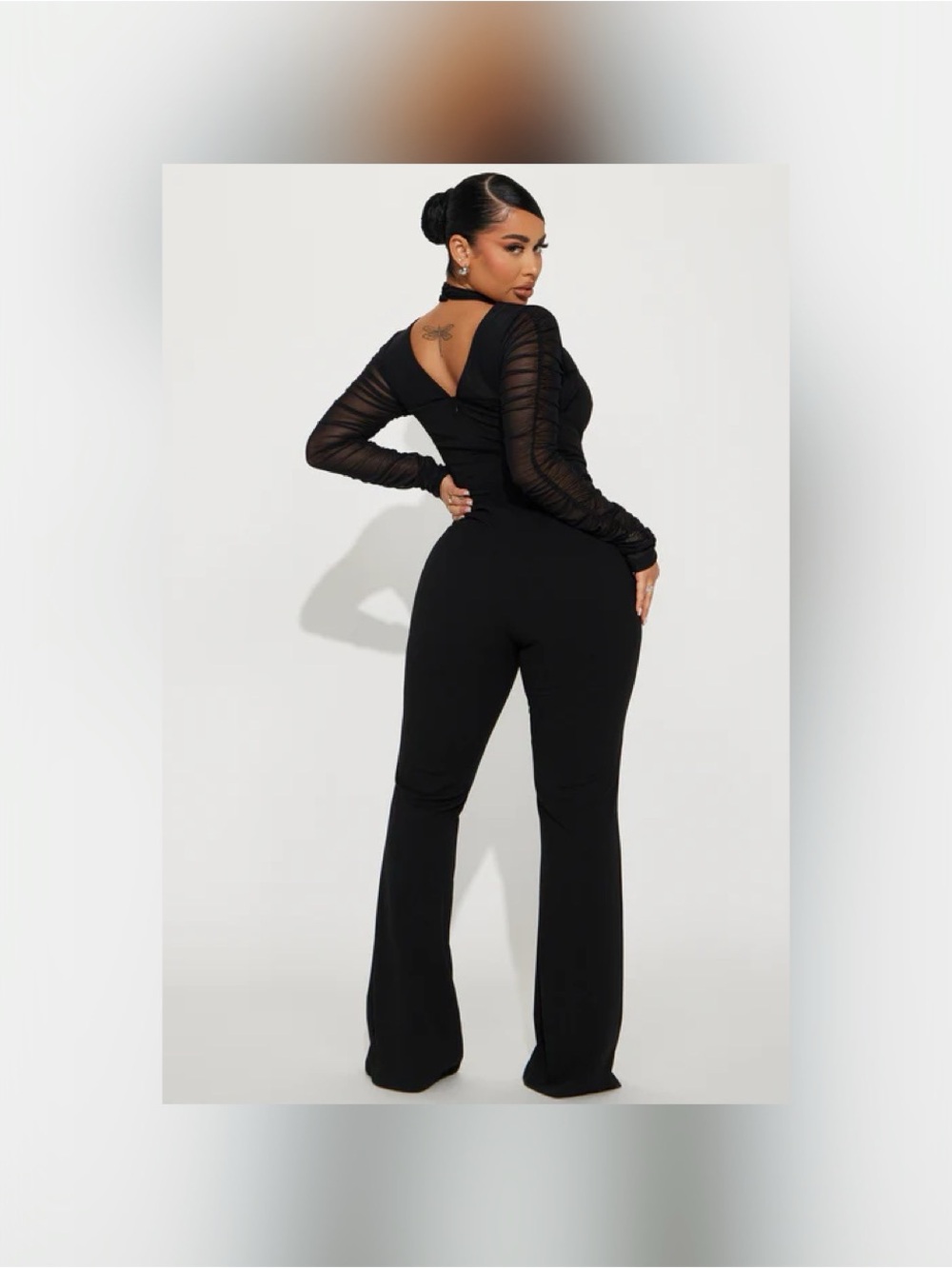High-Rise Black Jumpsuit with Mesh Sleeves - Picture 2 of 4